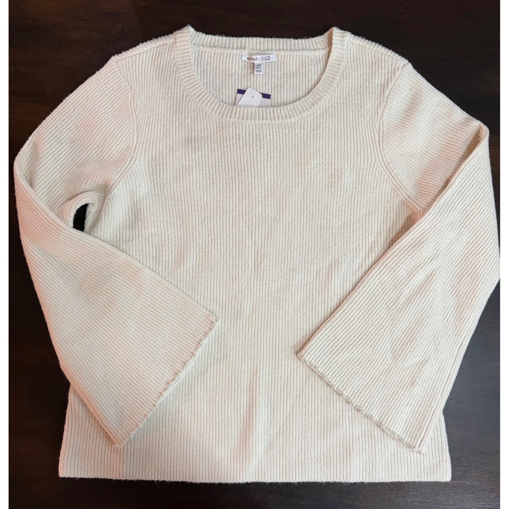 NWT 2X Edited x Hunter McGrady Pearl Trim Ribbed Sweater Cream Bell Sleeve